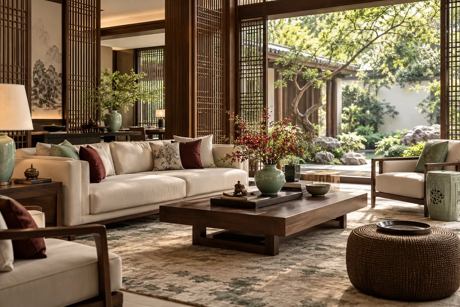 Elegant Chinese-inspired living room with walnut lattice screens and garden light