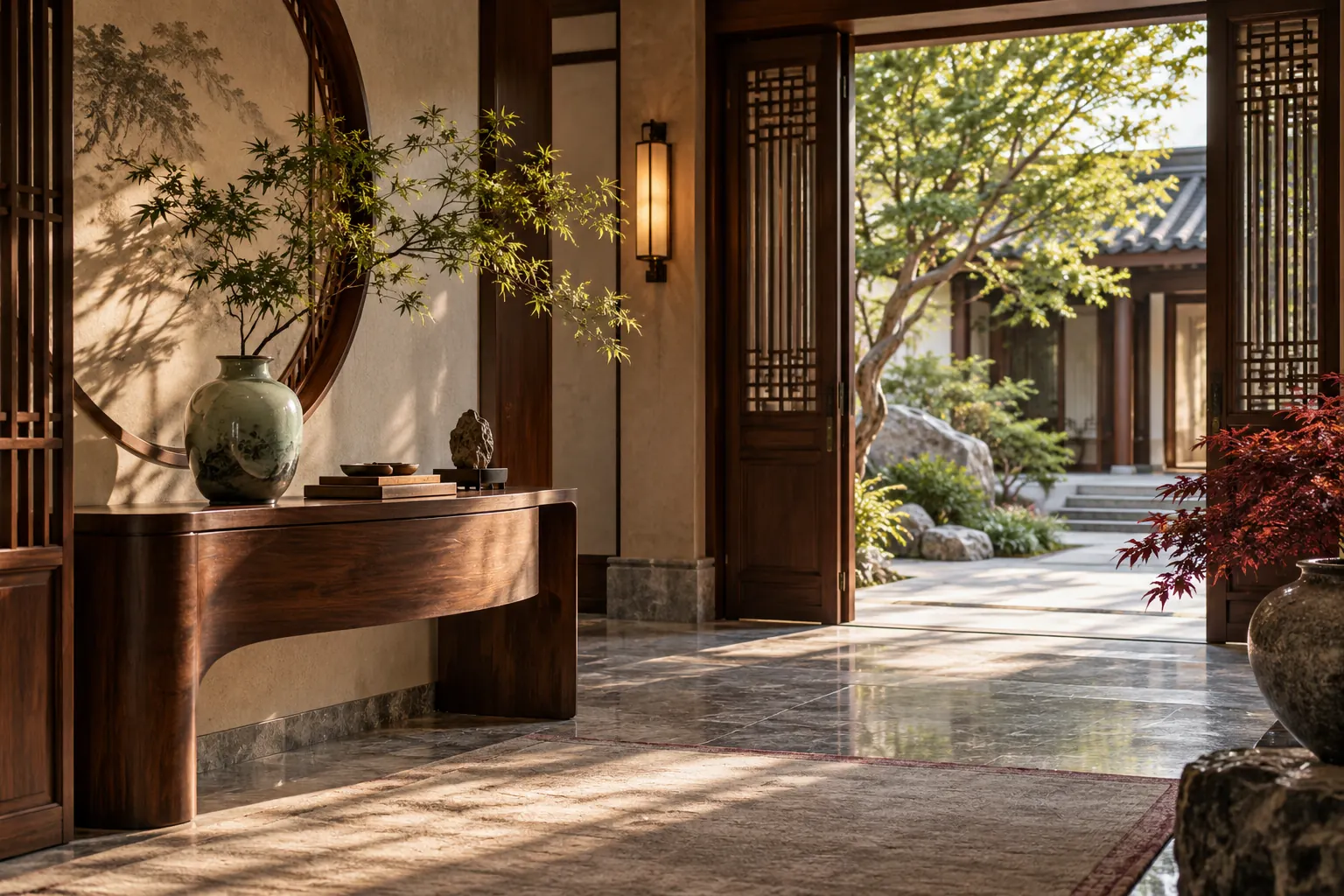 Welcoming home entrance with a walnut console, stone floor and a single vase
