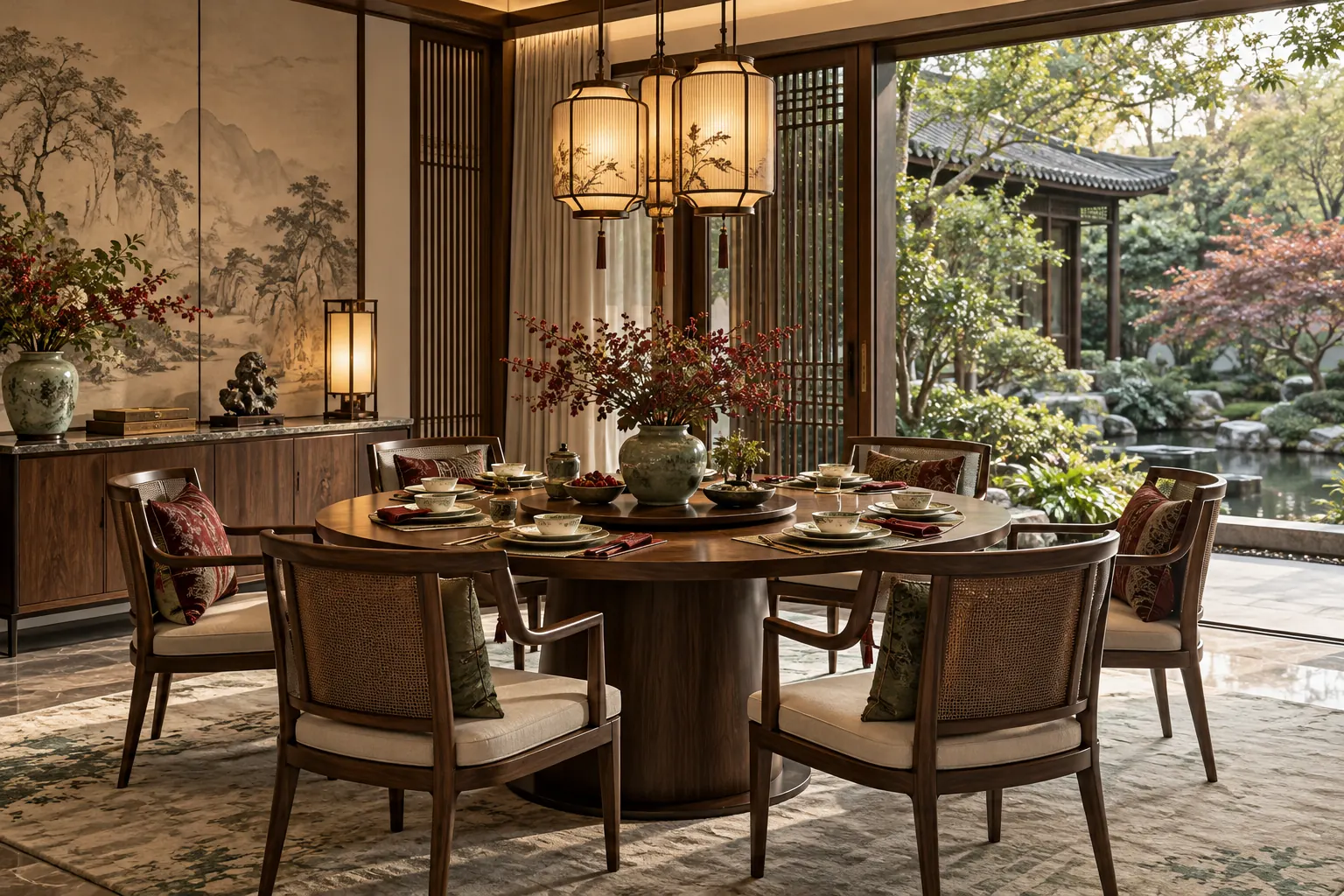 Chinese-inspired dining room with a round walnut table and garden view