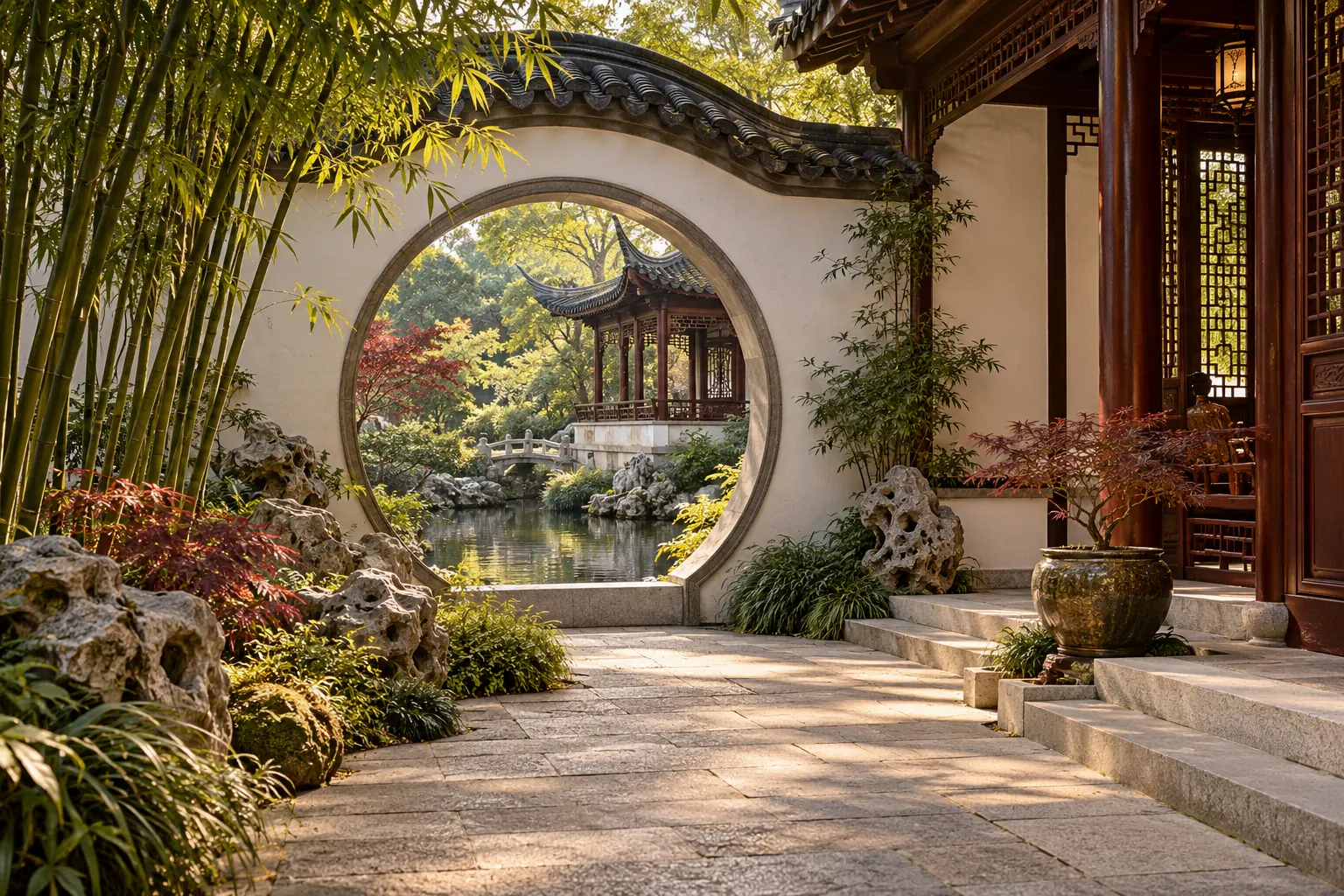 Classical Chinese garden courtyard with a circular moon gate and bamboo