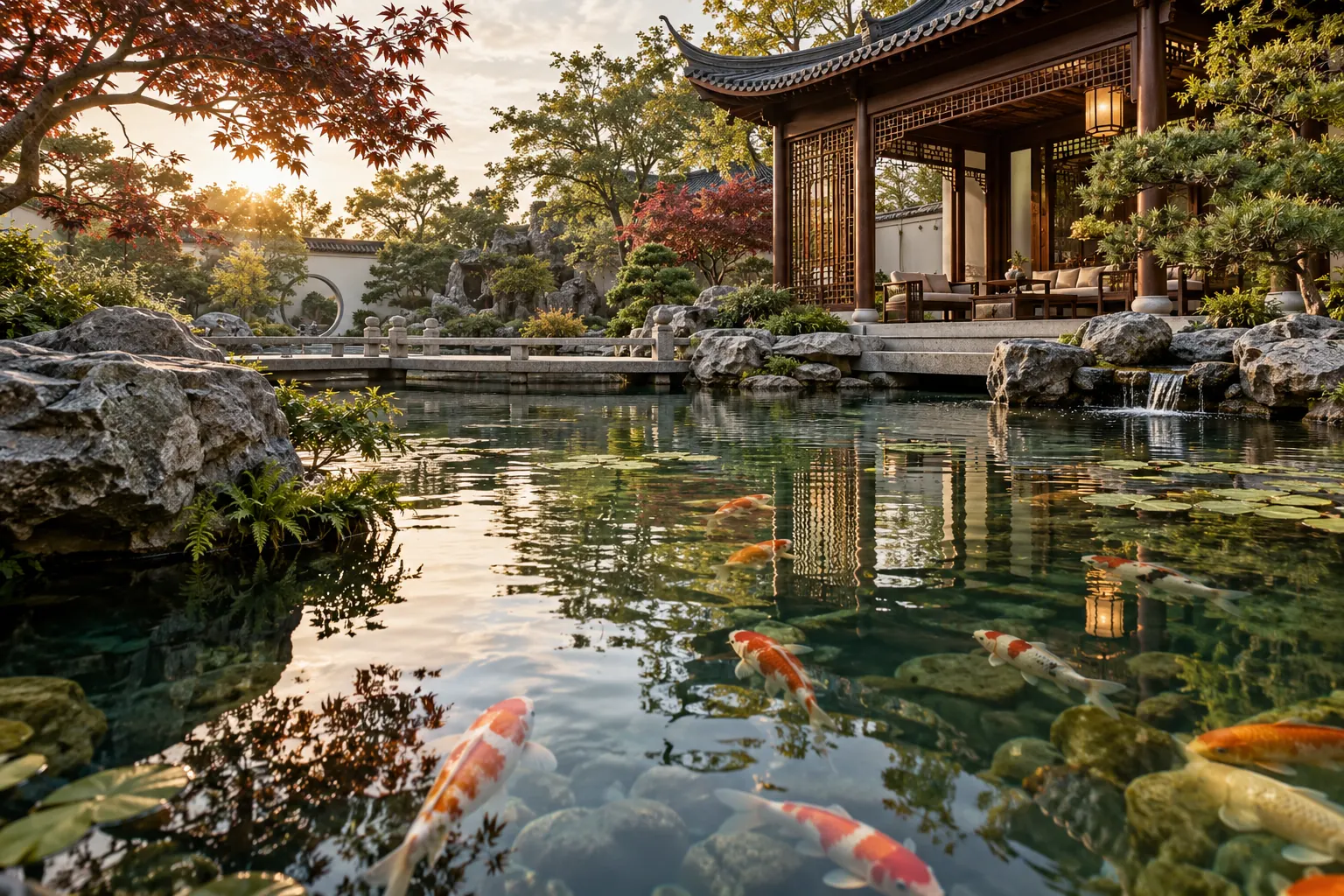 Tranquil koi pond reflecting a Chinese pavilion