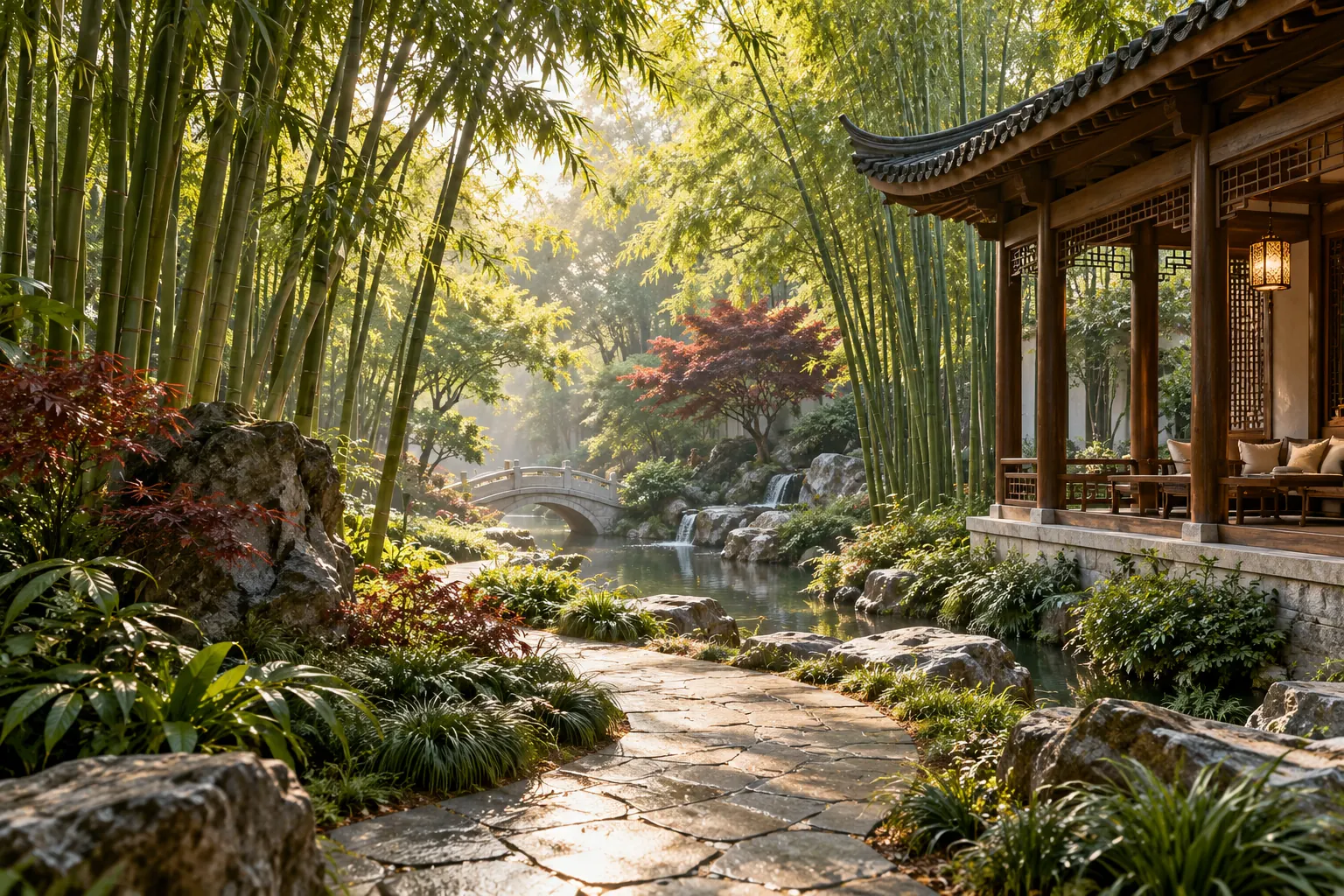 Bamboo grove with a curving stone path in morning sun
