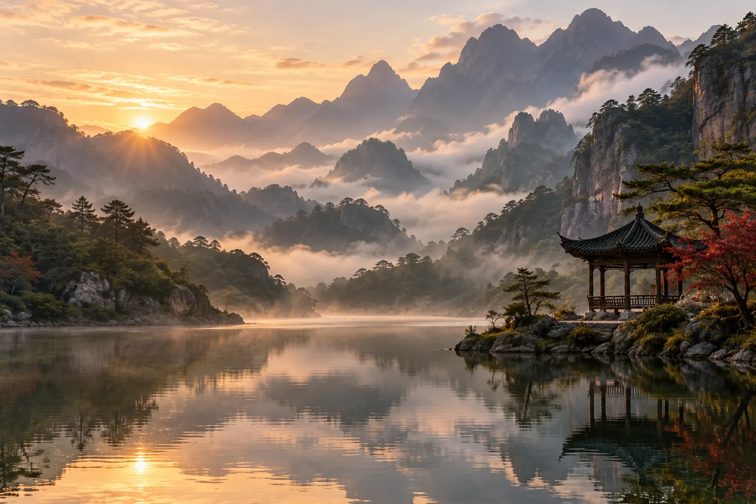 Misty mountains above a still lake with a small pavilion at dawn