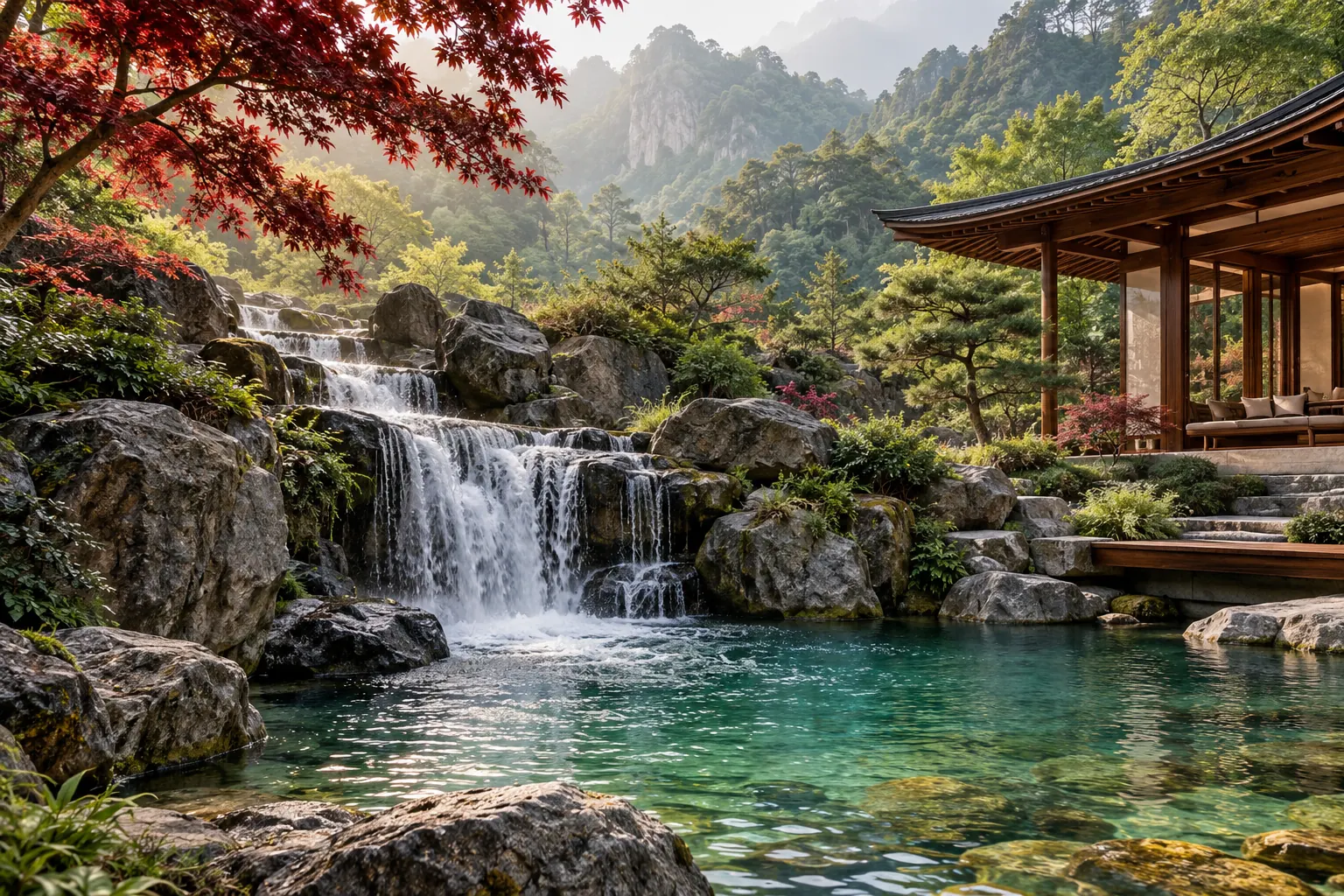 Waterfall flowing into a clear pool in a lush mountain garden