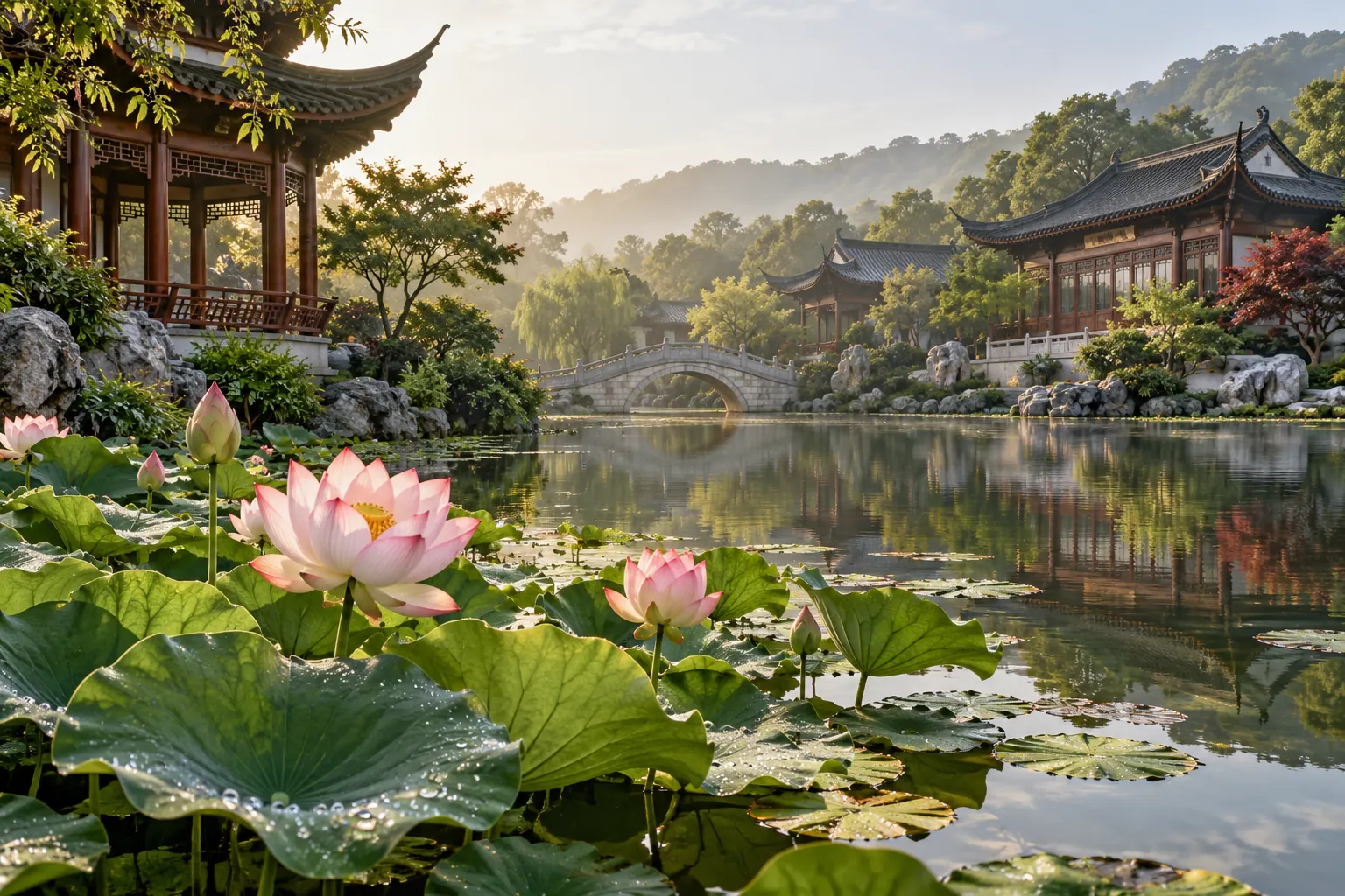 Lotus pond with pale pink blooms and Chinese garden architecture