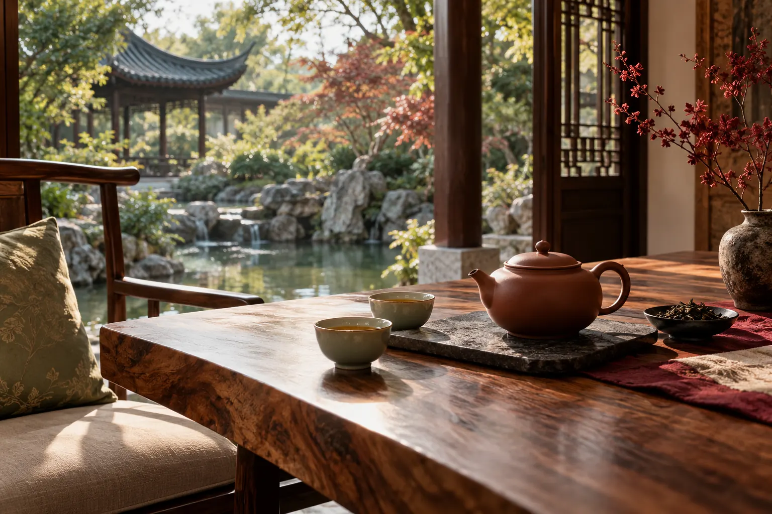 Chinese tea setting with a clay teapot and two cups on a walnut table