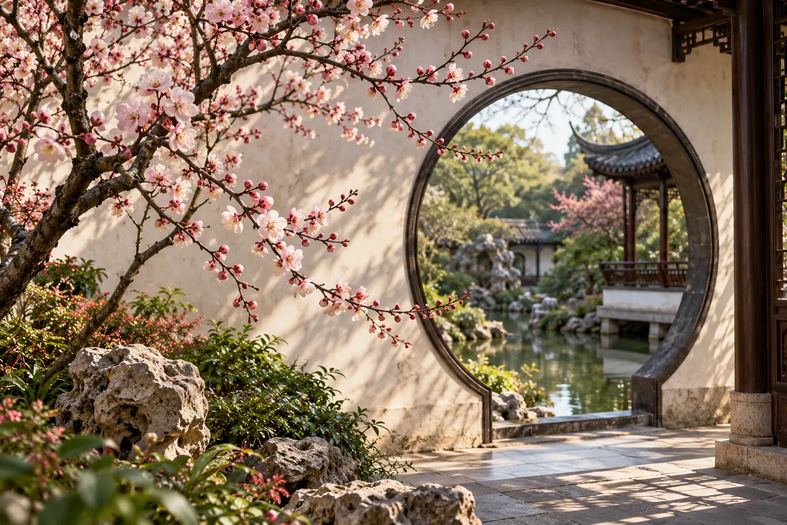 Plum blossom beside a round Chinese garden window