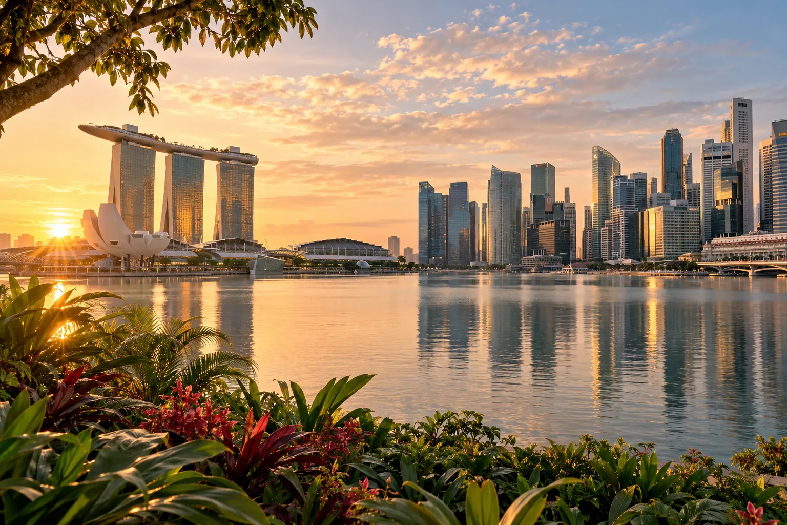 Singapore Marina Bay skyline at sunrise across calm water