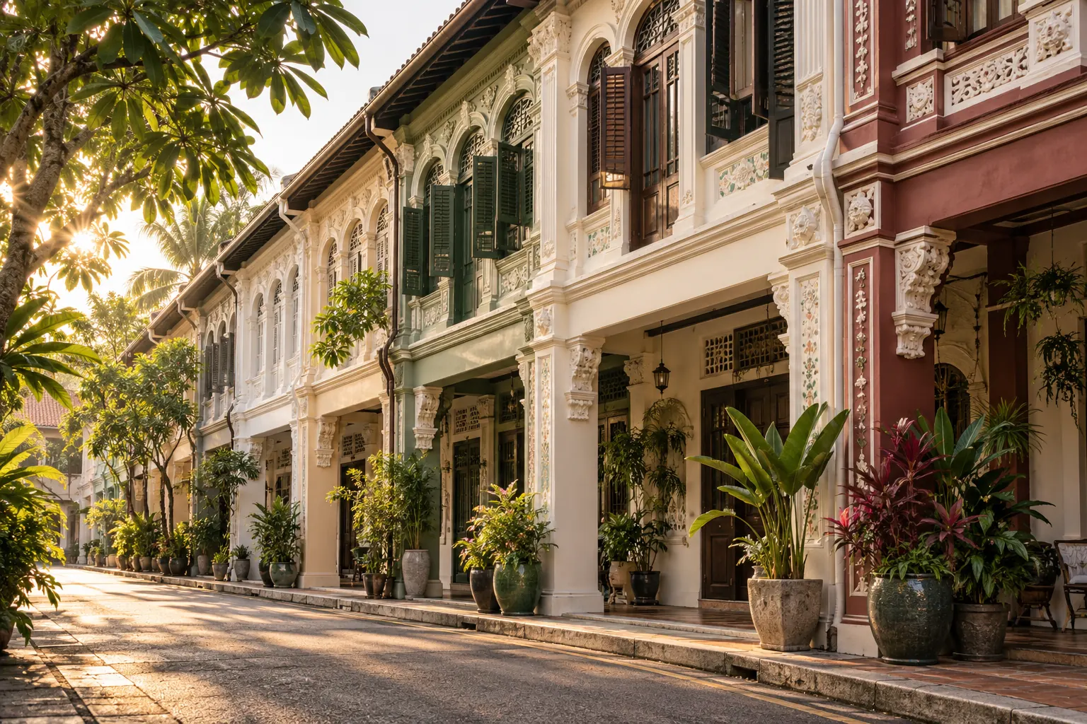 Restored Singapore shophouses on a quiet heritage street