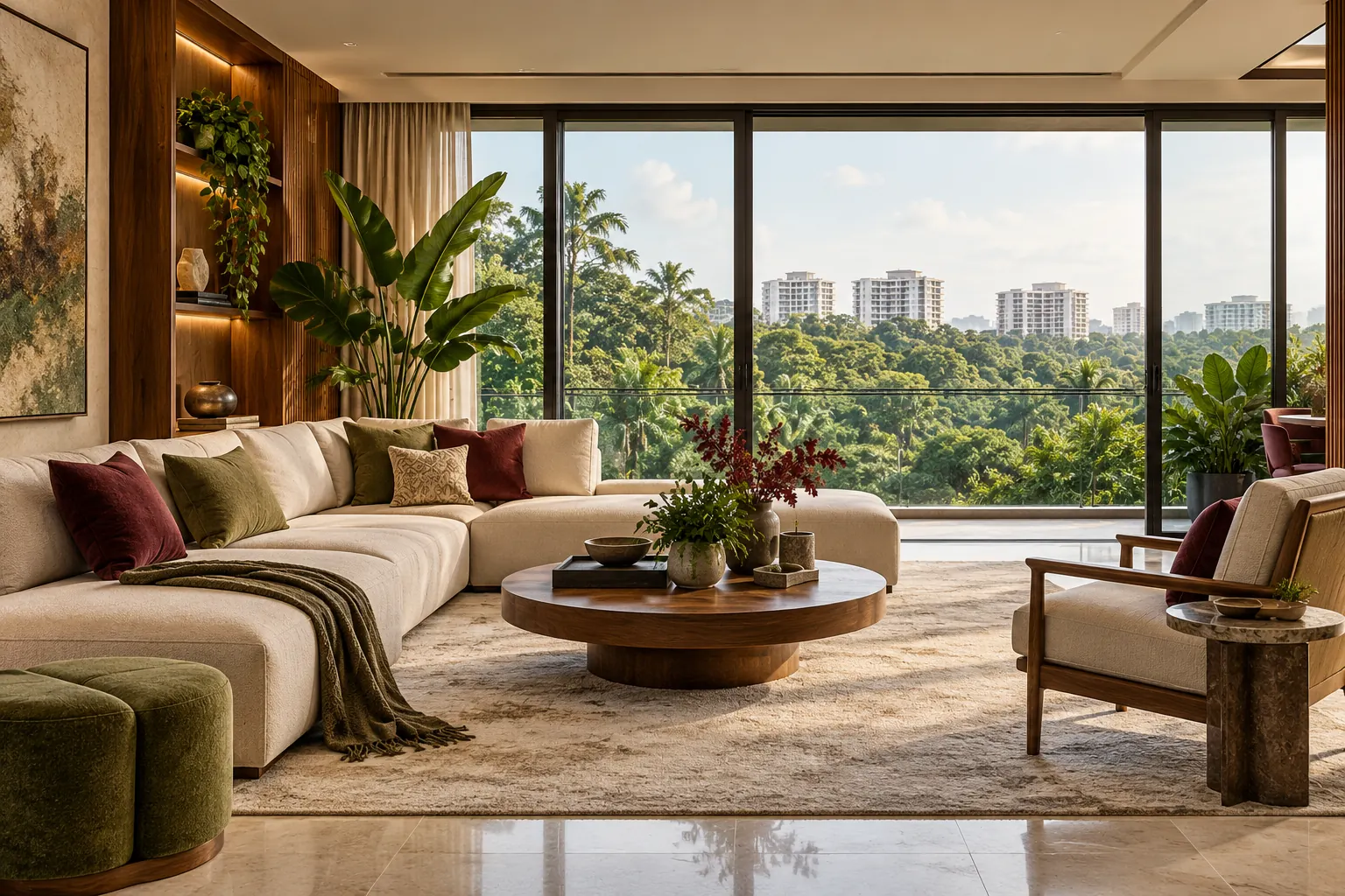 Bright Singapore apartment living room overlooking tropical greenery