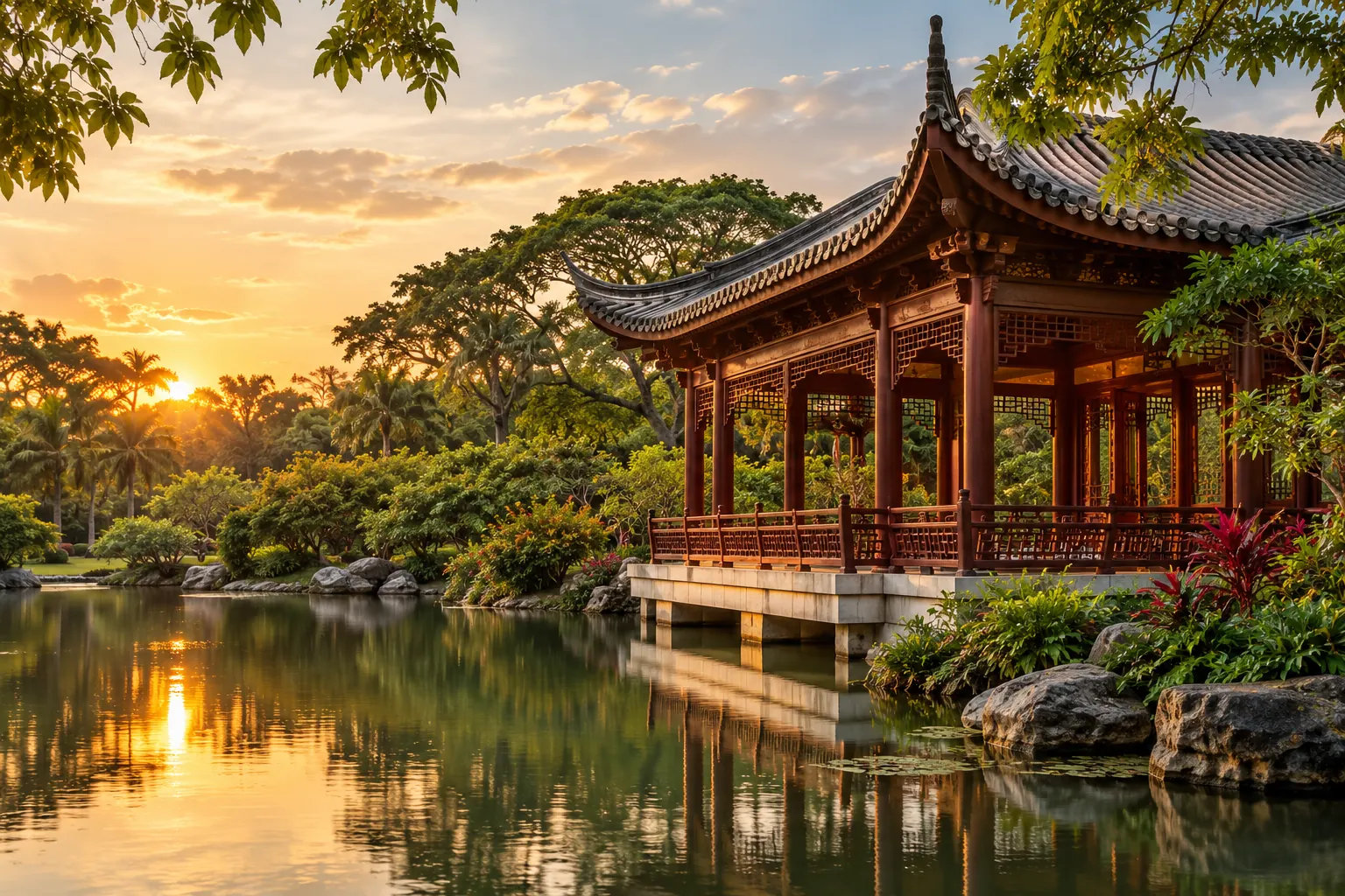 Traditional Chinese pavilion beside a lake in a tropical garden