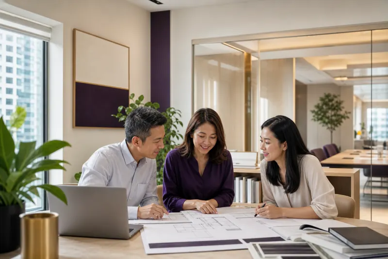 Asian professional team reviewing an office floor plan in a calm modern workplace