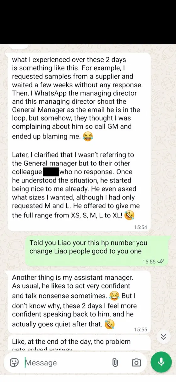 WhatsApp chat: a client says that after changing their phone number they felt more confident at work and people were nicer to them.
