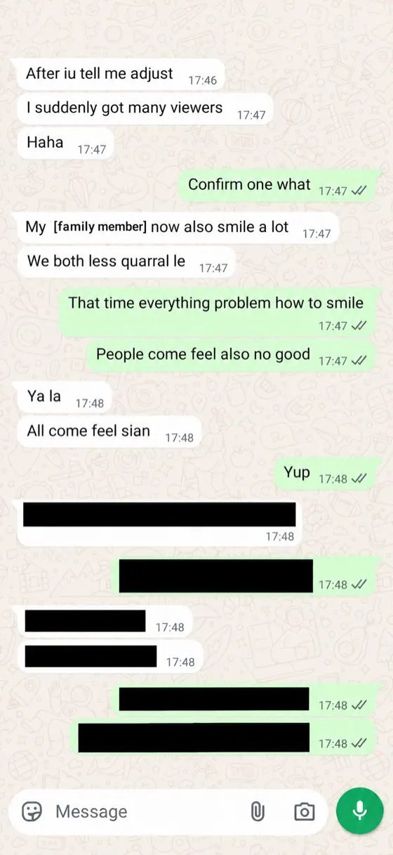 WhatsApp chat: a client says that after an adjustment they suddenly got many viewers and quarrel less at home.