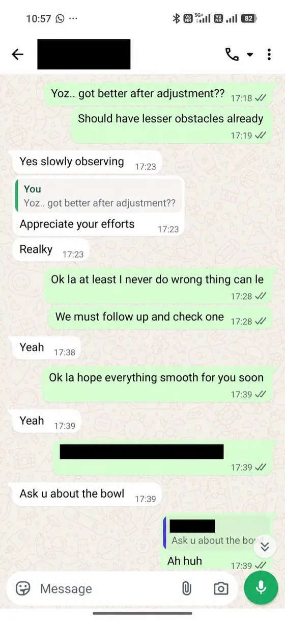 WhatsApp chat: a client says they are slowly observing improvement after an adjustment and appreciates the effort.