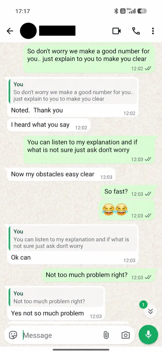 WhatsApp chat: a client says their obstacles now clear easily.